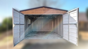 3.5x5m deluxe mobile garage with gable roof, dark walnut double doors, light golden oak walls, chocolate brown plywood roof cladding, windows, cornices, guttering, horizontal sheet cladding