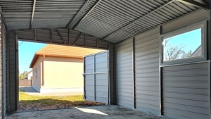 3.5x5m deluxe mobile garage with gable roof, dark walnut double doors, light golden oak walls, chocolate brown plywood roof cladding, windows, cornices, guttering, horizontal sheet cladding