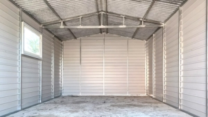 3.5x5m deluxe mobile garage with gable roof, dark walnut double doors, light golden oak walls, chocolate brown plywood roof cladding, windows, cornices, guttering, horizontal sheet cladding