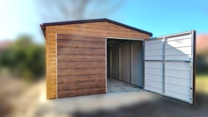 3.5x5m deluxe mobile garage with gable roof, dark walnut double doors, light golden oak walls, chocolate brown plywood roof cladding, windows, cornices, guttering, horizontal sheet cladding
