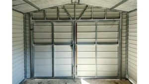 3.5x5m deluxe mobile garage with gable roof, dark walnut double doors, light golden oak walls, chocolate brown plywood roof cladding, windows, cornices, guttering, horizontal sheet cladding