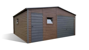 6x5m-es prémium mobilgarázs nyeregtetővel, +20cm emeléssel, sötét diófa falakkal, antracitszürke kapuval, ajtóval és tetővel, 2db ablakkal. ereszcsatornával, szegélyekkel