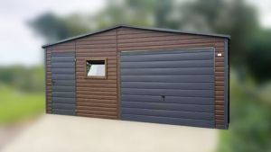 6x5m-es prémium mobilgarázs nyeregtetővel, +20cm emeléssel, sötét diófa falakkal, antracitszürke kapuval, ajtóval és tetővel, 2db ablakkal. ereszcsatornával, szegélyekkel