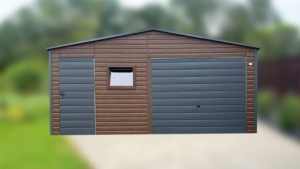 6x5m-es prémium mobilgarázs nyeregtetővel, +20cm emeléssel, sötét diófa falakkal, antracitszürke kapuval, ajtóval és tetővel, 2db ablakkal. ereszcsatornával, szegélyekkel