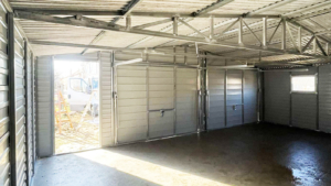 8x6m premium mobile garage with gable roof, white walls, light golden oak door and 2 tilt doors, 2 windows, copper-brown roof, gutter, trim