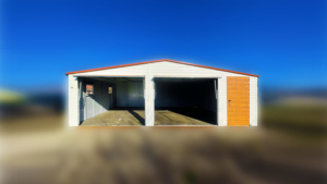 8x6m premium mobile garage with gable roof, white walls, light golden oak door and 2 tilt doors, 2 windows, copper-brown roof, gutter, trim