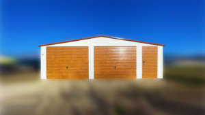 8x6m premium mobile garage with gable roof, white walls, light golden oak door and 2 tilt doors, 2 windows, copper-brown roof, gutter, trim