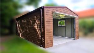 4x6m-es delux mobilgarázs (lemezgarázs) nyeregtetővel, +10cm emelés, sötét diófa falakkal, világos aranytölgy billenőkapukkal, ajtóval, szegélyekkel, horganyzott vázszerkezettel, vízszintes lemezeléssel