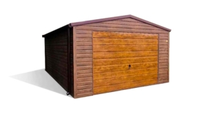 4x6m-es delux mobilgarázs (lemezgarázs) nyeregtetővel, +10cm emelés, sötét diófa falakkal, világos aranytölgy billenőkapukkal, ajtóval, szegélyekkel, horganyzott vázszerkezettel, vízszintes lemezeléssel