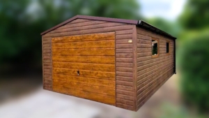 4x6m-es delux mobilgarázs (lemezgarázs) nyeregtetővel, +10cm emelés, sötét diófa falakkal, világos aranytölgy billenőkapukkal, ajtóval, szegélyekkel, horganyzott vázszerkezettel, vízszintes lemezeléssel