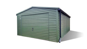 4x7m-es delux mobilgarázs nyeregtetővel, sötétzöld falakkal, 1db billenőkapuval, ajtóval, 2db ablakkal, szegélyekkel, ereszcsatornával, horganyzott vázszerkezettel, vízszintes lemezeléssel