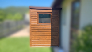 2x1,9m-es delux fém kerti tároló hátra lejtő tetővel, sötét diófa falakkal és ajtóval, csokoládébarna tetővel, ereszcsatornával, szegélyekkel, horganyzott vázszerkezettel, vízszintes lemezborítással