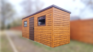 5,1×1,7m-es fém kerti tároló hátra lejtő tetővel, világos aranytölgy falakkal és ajtóval, 2db ablakkal, csokoládébarna tetővel, szegélyekkel, horganyzott vázszerkezettel, vízszintes lemezborítással