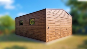 5x6m-es delux mobilgarázs nyeregtetővel, +20cm-es emeléssel, sötét diófa színben, billenőkapuval, ajtóval, 2db ablakkal, szegélyekkel, horganyzott vázszerkezettel, vízszintes lemezeléssel