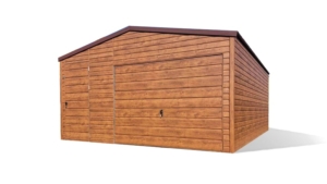 5x6m-es delux mobilgarázs nyeregtetővel, +20cm-es emeléssel, sötét diófa színben, billenőkapuval, ajtóval, 2db ablakkal, szegélyekkel, horganyzott vázszerkezettel, vízszintes lemezeléssel