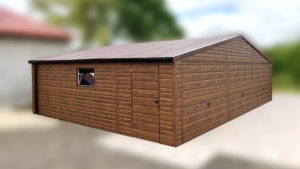 10,5x7m-es delux mobilgarázs nyeregtetővel, sötét diófa falakkal, 3db billenőkapukkal, ajtóval, 2db ablakkal, szegélyekkel, ereszcsatornával, horganyzott vázszerkezettel, vízszintes lemezeléssel