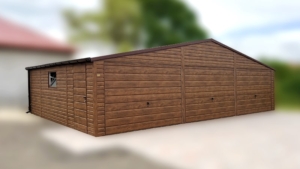 10,5x7m-es delux mobilgarázs nyeregtetővel, sötét diófa falakkal, 3db billenőkapukkal, ajtóval, 2db ablakkal, szegélyekkel, ereszcsatornával, horganyzott vázszerkezettel, vízszintes lemezeléssel
