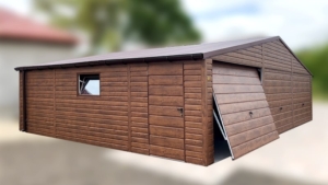 10,5x7m-es delux mobilgarázs nyeregtetővel, sötét diófa falakkal, 3db billenőkapukkal, ajtóval, 2db ablakkal, szegélyekkel, ereszcsatornával, horganyzott vázszerkezettel, vízszintes lemezeléssel