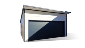 6x6m-es DELUX szigetelt mobilgarázs, hátra lejtő tetővel, fehér falakkal, antracitszürke szekcionált kapuval és ajtóval, szegélyekkel, ereszcsatonával, horganyzott vázszerkezettel