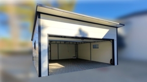 6x6m-es DELUX szigetelt mobilgarázs, hátra lejtő tetővel, fehér falakkal, antracitszürke szekcionált kapuval és ajtóval, szegélyekkel, ereszcsatonával, horganyzott vázszerkezettel