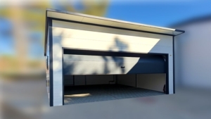 6x6m-es DELUX szigetelt mobilgarázs, hátra lejtő tetővel, fehér falakkal, antracitszürke szekcionált kapuval és ajtóval, szegélyekkel, ereszcsatonával, horganyzott vázszerkezettel