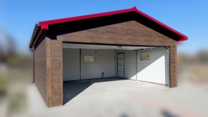 6x5,8m-es DELUX szigetelt mobilgarázs, nyeregtetővel, sötét diófa falakkal, antracitszürke szekcionált kapuval és ajtóval, szegélyekkel, ereszcsatonával, horganyzott vázszerkezettel