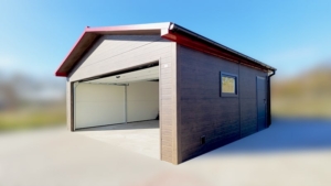 6x5,8m-es DELUX szigetelt mobilgarázs, nyeregtetővel, sötét diófa falakkal, antracitszürke szekcionált kapuval és ajtóval, szegélyekkel, ereszcsatonával, horganyzott vázszerkezettel