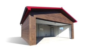 6x5,8m-es DELUX szigetelt mobilgarázs, nyeregtetővel, sötét diófa falakkal, antracitszürke szekcionált kapuval és ajtóval, szegélyekkel, ereszcsatonával, horganyzott vázszerkezettel