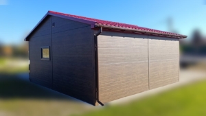 6x5,8m-es DELUX szigetelt mobilgarázs, nyeregtetővel, sötét diófa falakkal, antracitszürke szekcionált kapuval és ajtóval, szegélyekkel, ereszcsatonával, horganyzott vázszerkezettel