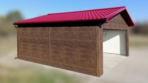 6x5,8m-es DELUX szigetelt mobilgarázs, nyeregtetővel, sötét diófa falakkal, antracitszürke szekcionált kapuval és ajtóval, szegélyekkel, ereszcsatonával, horganyzott vázszerkezettel