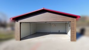 6x5,8m-es DELUX szigetelt mobilgarázs, nyeregtetővel, sötét diófa falakkal, antracitszürke szekcionált kapuval és ajtóval, szegélyekkel, ereszcsatonával, horganyzott vázszerkezettel