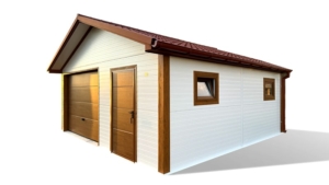 6×5,8m-es DELUX szigetelt mobilgarázs nyeregtetővel, szekcionált kapuval és 2db ajtóval, 2db ablakkal, 2db szellőzőráccsal, belső 2,4x2,9m-es leválasztott helyiséggel, szegélyekkel, ereszcsatornával, cserepeslemez tetőborítással, horganyzott vázszerkezettel