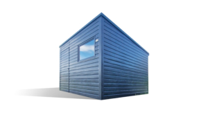 3x3m-es delux fém kerti tároló hátra lejtő tetővel, fahatású szürke színben, ajtóval, ablakkal, ereszcsatornával, szegélyekkel, horganyzott vázszerkezettel, vízszintes lemezborítással