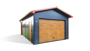 4x7m-es DELUX szigetelt mobilgarázs nyeregtetővel, szekcionált kapuval, ajtóval, ablakkal, 2db szellőzőráccsal, ereszcsatornával, cserepeslemez tetőborítással, horganyzott vázszerkezettel