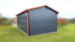 4x7m-es DELUX szigetelt mobilgarázs nyeregtetővel, szekcionált kapuval, ajtóval, ablakkal, 2db szellőzőráccsal, ereszcsatornával, cserepeslemez tetőborítással, horganyzott vázszerkezettel