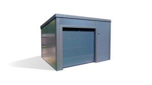 3,5x3m-es DELUX szigetelt tároló / motorgarázs / quadgarázs hátra lejtő tetővel, szekcionált kapuval, szegélyekkel, horganyzott vázszerkezettel