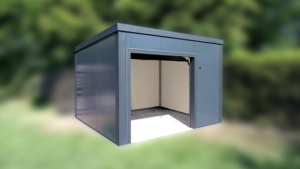 3,5x3m-es DELUX szigetelt tároló / motorgarázs / quadgarázs hátra lejtő tetővel, szekcionált kapuval, szegélyekkel, horganyzott vázszerkezettel