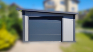 4,5x7m-es DELUX szigetelt mobilgarázs / tároló jobbra lejtő tetővel, szekcionált kapuval, ajtóval, ablakkal, szegélyekkel, ereszcsatornával, horganyzott vázszerkezettel