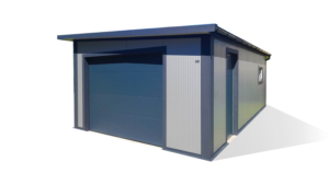 4,5x7m-es DELUX szigetelt mobilgarázs / tároló jobbra lejtő tetővel, szekcionált kapuval, ajtóval, ablakkal, szegélyekkel, ereszcsatornával, horganyzott vázszerkezettel