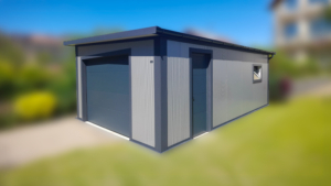 4,5x7m-es DELUX szigetelt mobilgarázs / tároló jobbra lejtő tetővel, szekcionált kapuval, ajtóval, ablakkal, szegélyekkel, ereszcsatornával, horganyzott vázszerkezettel