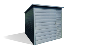 2x3m-es prémium motorgarázs / quadgarázs hátra lejtő tetővel, filcborítással, ajtóval, antracitszürke színben, sarok- és tetőszegélyekkel