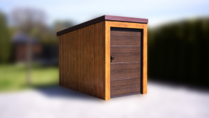 1,5x3m-es motorgarázs / quadgarázs hátra lejtő tetővel, világos aranytölgy szigetelt (szendvicspanel) falakkal, rusztikus tölgy szigetelt ajtóval, csokoládébarna cserepeslemez tetővel, ereszcsatornával, szegélyekkel