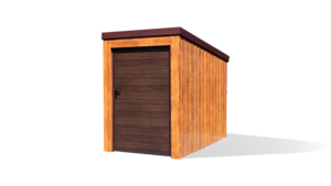 1,5x3m-es motorgarázs / quadgarázs hátra lejtő tetővel, világos aranytölgy szigetelt (szendvicspanel) falakkal, rusztikus tölgy szigetelt ajtóval, csokoládébarna cserepeslemez tetővel, ereszcsatornával, szegélyekkel