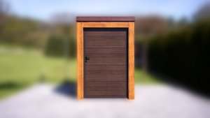 1,5x3m-es motorgarázs / quadgarázs hátra lejtő tetővel, világos aranytölgy szigetelt (szendvicspanel) falakkal, rusztikus tölgy szigetelt ajtóval, csokoládébarna cserepeslemez tetővel, ereszcsatornával, szegélyekkel