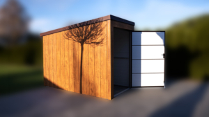 1,5x3m-es motorgarázs / quadgarázs hátra lejtő tetővel, világos aranytölgy szigetelt (szendvicspanel) falakkal, rusztikus tölgy szigetelt ajtóval, csokoládébarna cserepeslemez tetővel, ereszcsatornával, szegélyekkel